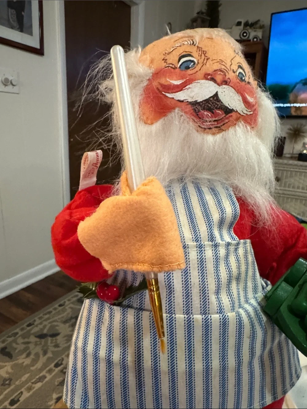 Annalee Red Santa Doll with Blue-Striped Apron and Green Toy Train